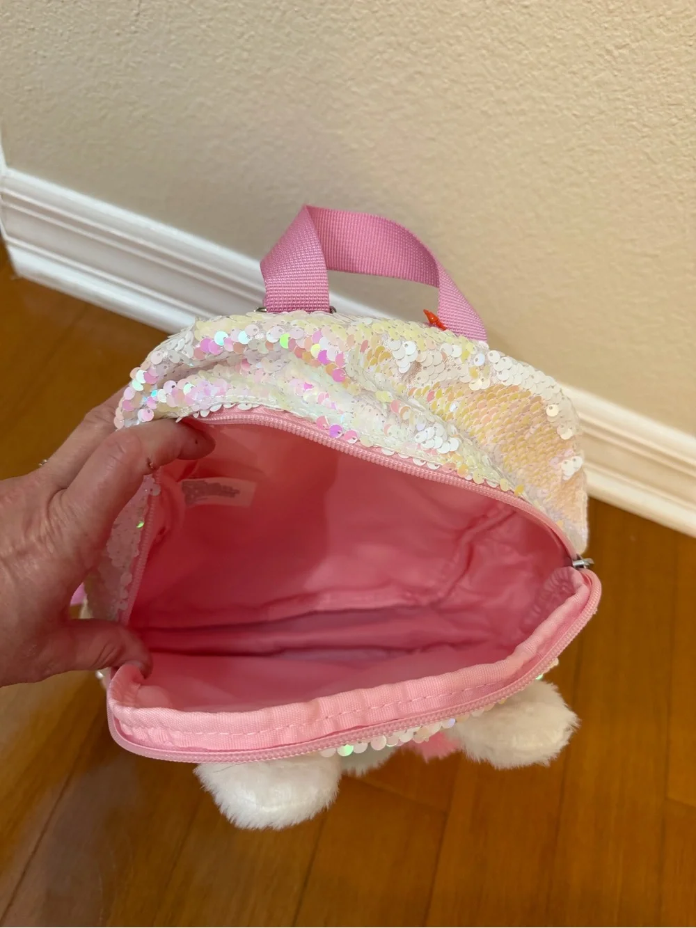 Cat & Jack Pink Iridescent Sequin Llama Backpack with Gold Accents